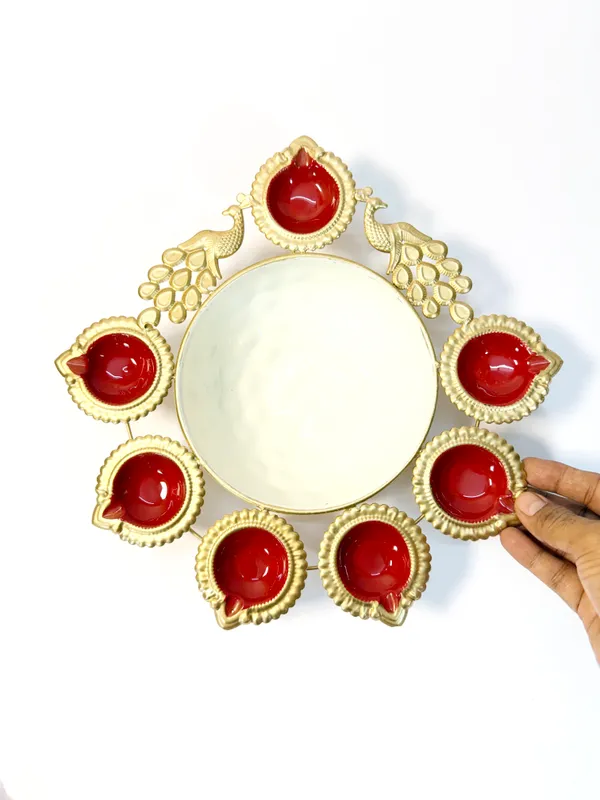 Peacock_Diya_Tealight_Holder_with_Urli_Center,_Glossy_Painted_Red,_Gold