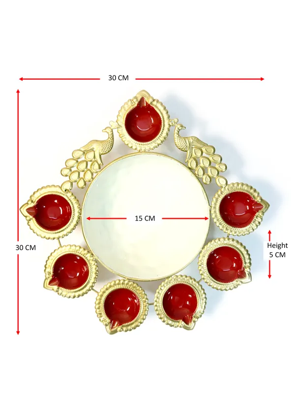 Peacock_Diya_Tealight_Holder_with_Urli_Center,_Glossy_Painted_Red,_Gold