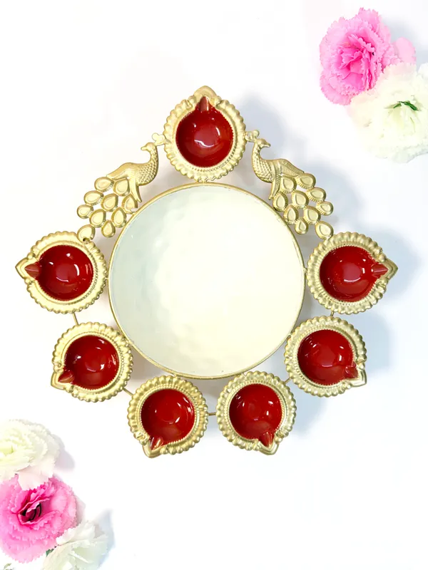 Peacock_Diya_Tealight_Holder_with_Urli_Center,_Glossy_Painted_Red,_Gold