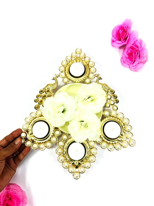 Peacock_Tealight_Candle_Holder_&_Urli_with_Pearl,_Gold,_Diwali_&_Home_Décor