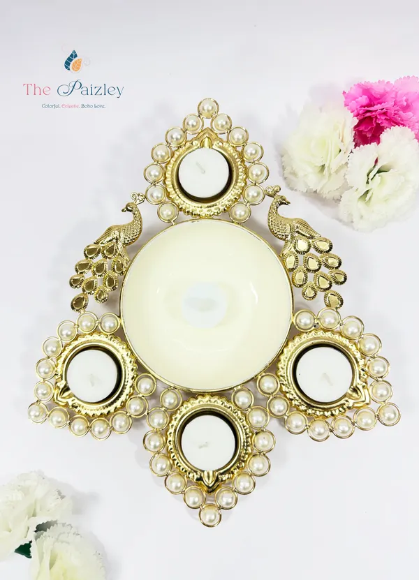Peacock_Tealight_Candle_Holder_&_Urli_with_Pearl,_Gold,_Diwali_&_Home_Décor