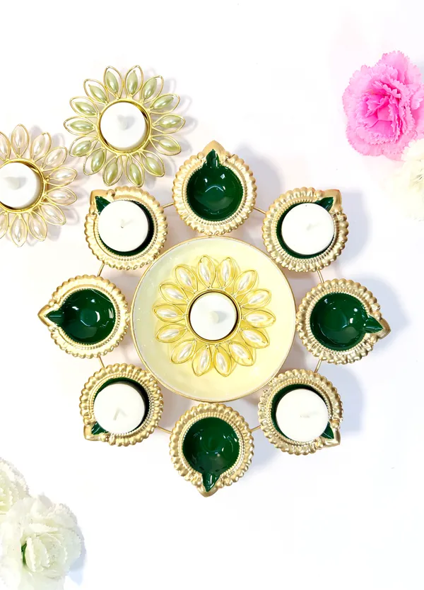 Round_Metal_Urli_with_8_Diya_Tealight_Holders,_Glossy_Painted_Green,_Gold