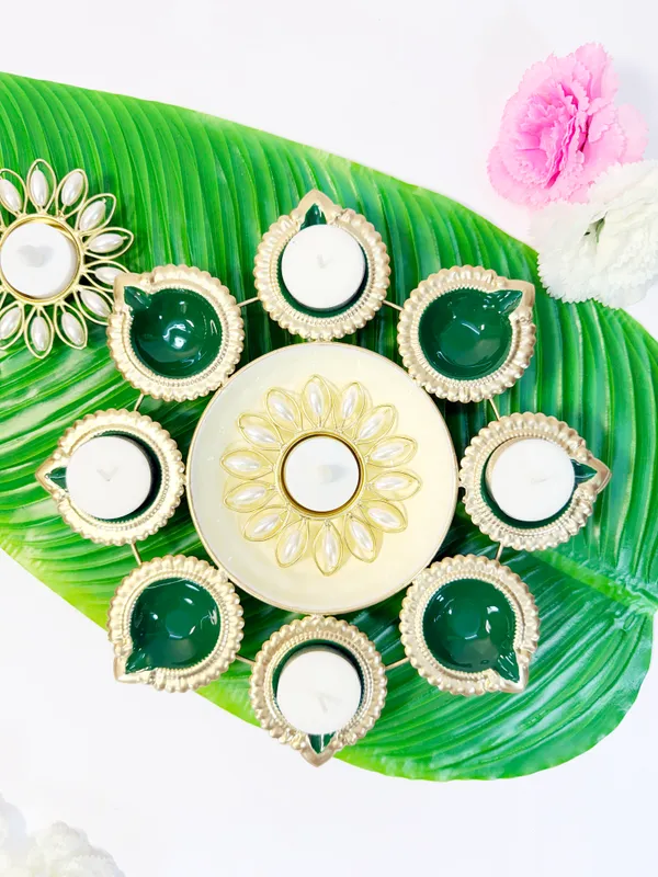 Round_Metal_Urli_with_8_Diya_Tealight_Holders,_Glossy_Painted_Green,_Gold