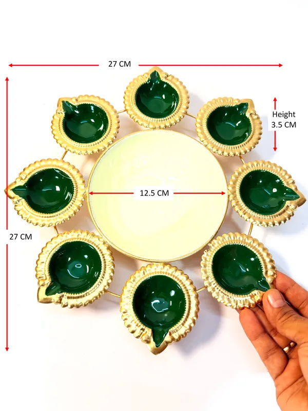 Round_Metal_Urli_with_8_Diya_Tealight_Holders,_Glossy_Painted_Green,_Gold