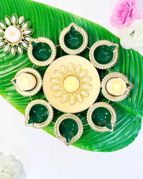 Round_Metal_Urli_with_8_Diya_Tealight_Holders,_Glossy_Painted_Green,_Gold