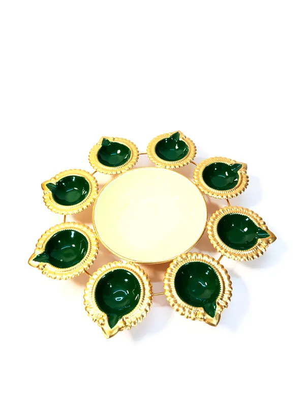 Round_Metal_Urli_with_8_Diya_Tealight_Holders,_Glossy_Painted_Green,_Gold