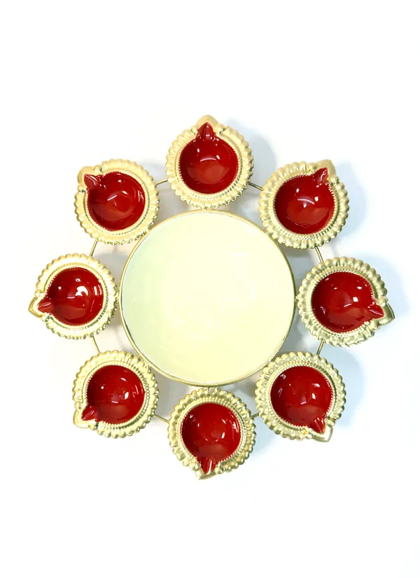 Round_medium_Urli_with_8_Diya_Tealight_Holder,_Glossy_Painted_Red,_Gold
