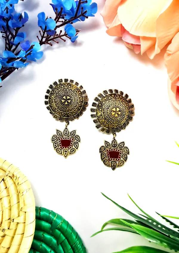 The_Paizley_Midnight_Mandala_Statement_Earrings_Oxidised_Gold_With_Red_Enamel_Drop