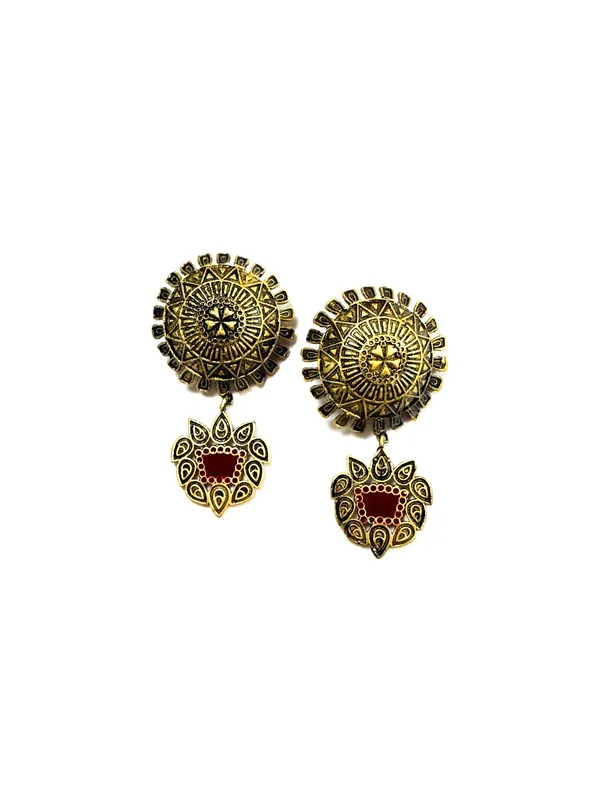 The_Paizley_Midnight_Mandala_Statement_Earrings_Oxidised_Gold_With_Red_Enamel_Drop