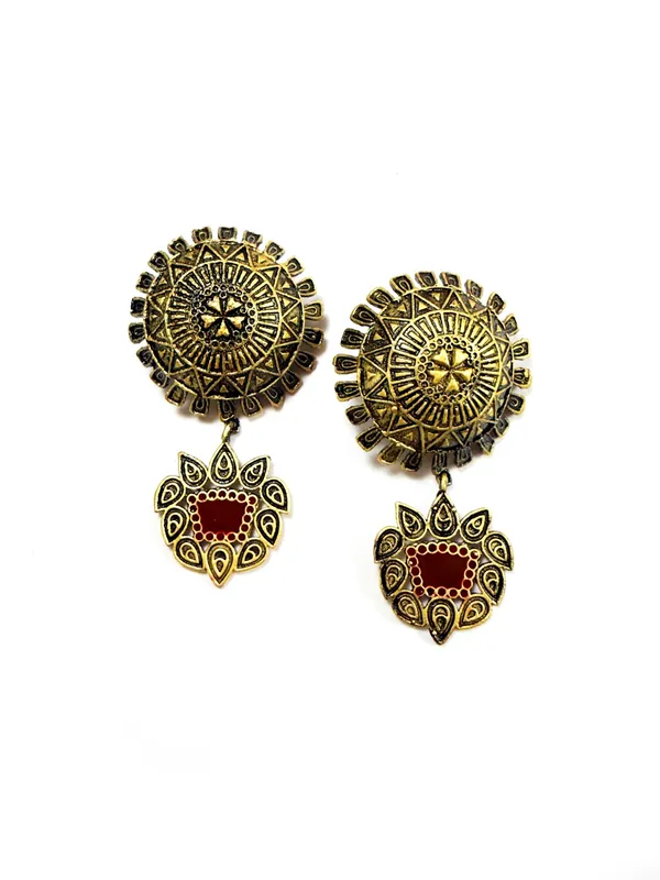 The_Paizley_Midnight_Mandala_Statement_Earrings_Oxidised_Gold_With_Red_Enamel_Drop