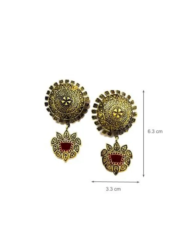 The_Paizley_Midnight_Mandala_Statement_Earrings_Oxidised_Gold_With_Red_Enamel_Drop