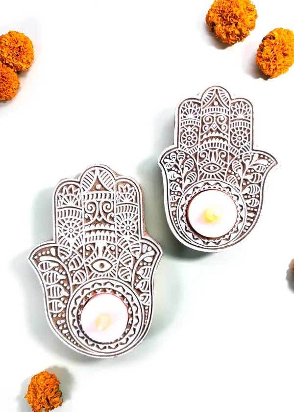 The_Paizley_Hamsa_Hand_Wooden_Tea_Light_Holder_Set_of_2_|_Small_&_Medium_Sizes_|_Handcrafted_Indian_Inspired_Home_Decor_|_Decorative_Candle_Holder_for_Diwali,_Festive_Decor_&_Gifting
