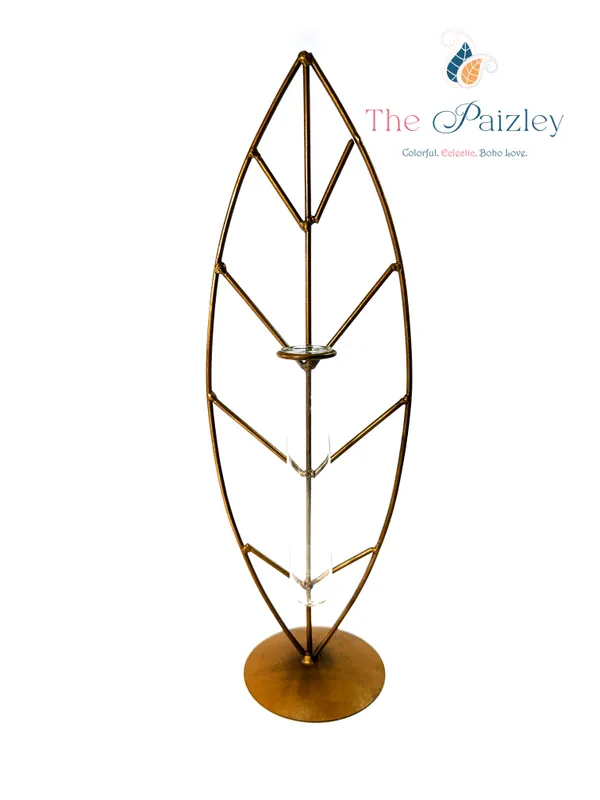 The_Paizley_Leaf_Shaped_Tabletop_with_Glass_Tube_Vase,_Gold,_14.5_Inch