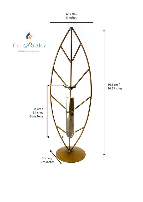 The_Paizley_Leaf_Shaped_Tabletop_with_Glass_Tube_Vase,_Gold,_14.5_Inch