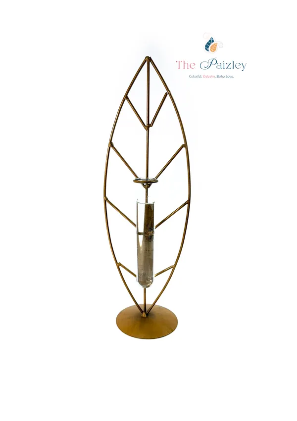 The_Paizley_Leaf_Shaped_Tabletop_with_Glass_Tube_Vase,_Gold,_14.5_Inch