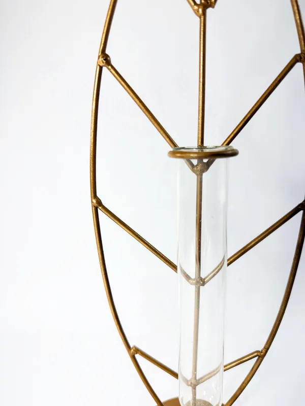 The_Paizley_Leaf_Shaped_Tabletop_with_Glass_Tube_Vase,_Gold,_14.5_Inch