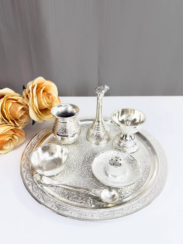 The__Paizley_German_Silver_Plated_Pooja_Thali_Set_of_7_pcs_with_10_Inch_Plate_&_Velvet_Gift_Box_|_Traditional_Pooja_Set_for_Home_Mandir,_Diwali,_Wedding,_Ganpati_&_Festive_Gifting_for_Special_Occasions