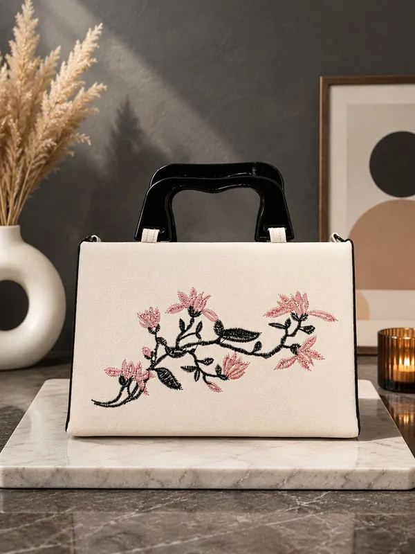 Women's_Floral_Stitch_Handbag_-_Cream_Faux_Leather_Shoulder_Bag_with_Handle