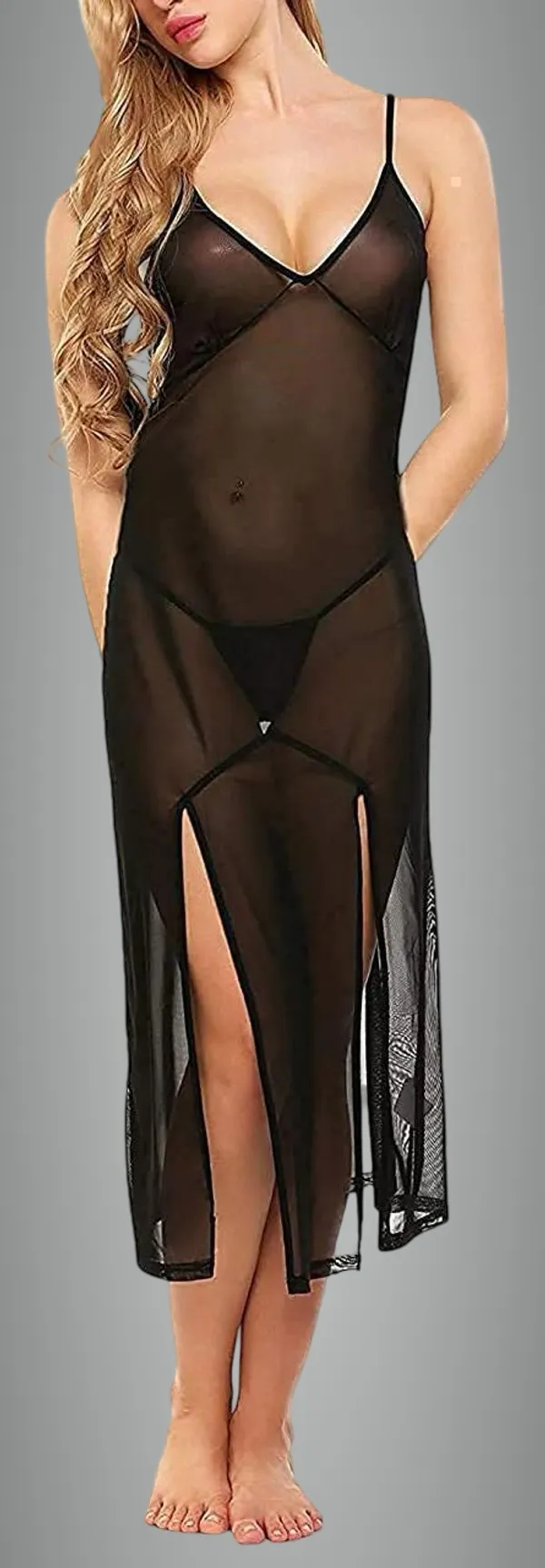 Black_Women'S_Sheer_Mesh_Nightdress_With_Spaghetti_Straps