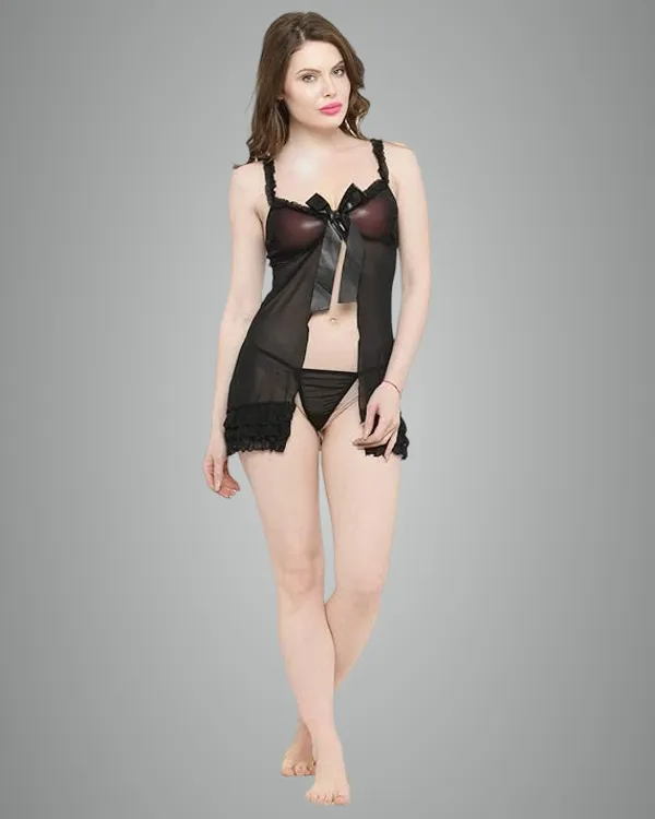 Black_Sheer_Mesh_Babydoll_Lingerie_Set_With_Bow_Detail