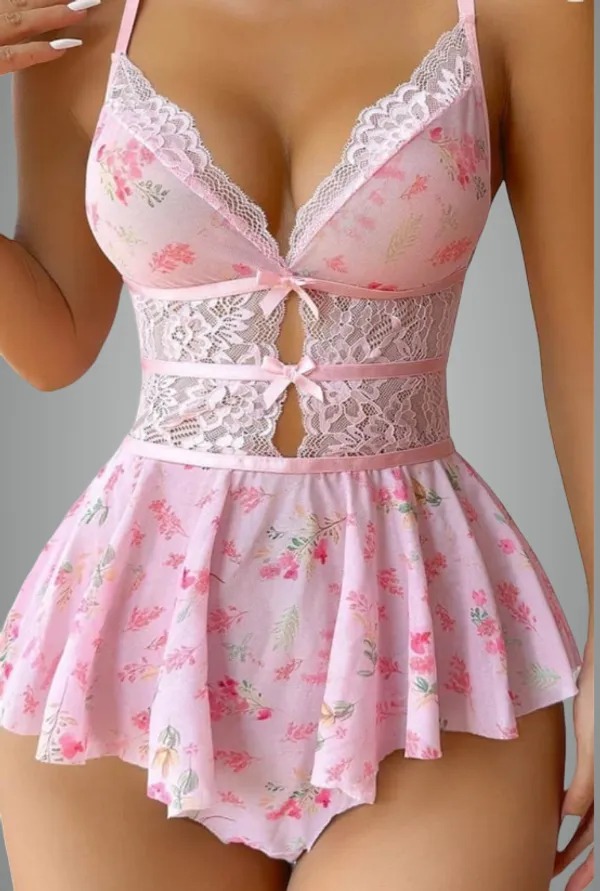 Pink_Floral_Lace_Babydoll_Lingerie_Set_With_Ruffle_Skirt