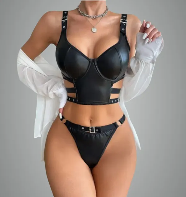 Black_Women'S_2-Piece_Satin_Lingerie_Set_-_Crop_Top_With_Buckle_Details_And_High_Cut_Thong,_Gothic_Style