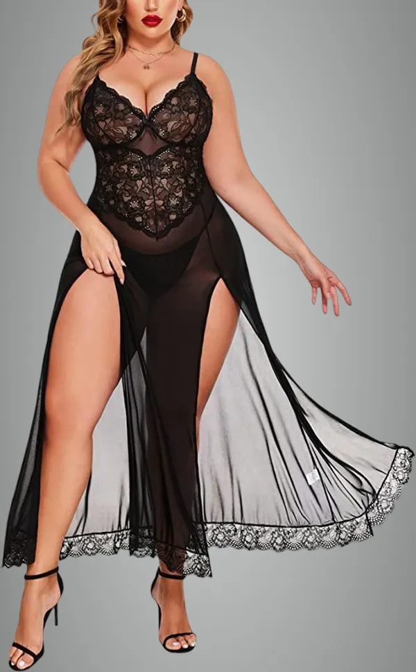 Black_Women'S_Lace_Nightgown_With_Sheer_Overlay_Skirt_-_Halter_Neck_Lingerie_Set
