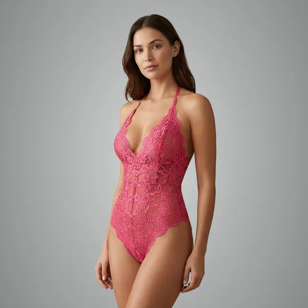 Pink_Floral_Lace_Halter_Neck_Bodysuit_Lingerie