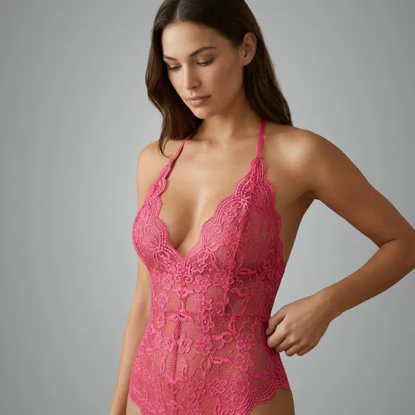 Pink_Floral_Lace_Halter_Neck_Bodysuit_Lingerie
