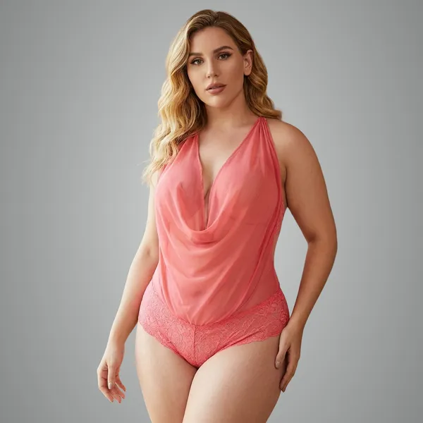 Coral_Pink_Lace_Trim_Halter_Bodysuit_Lingerie