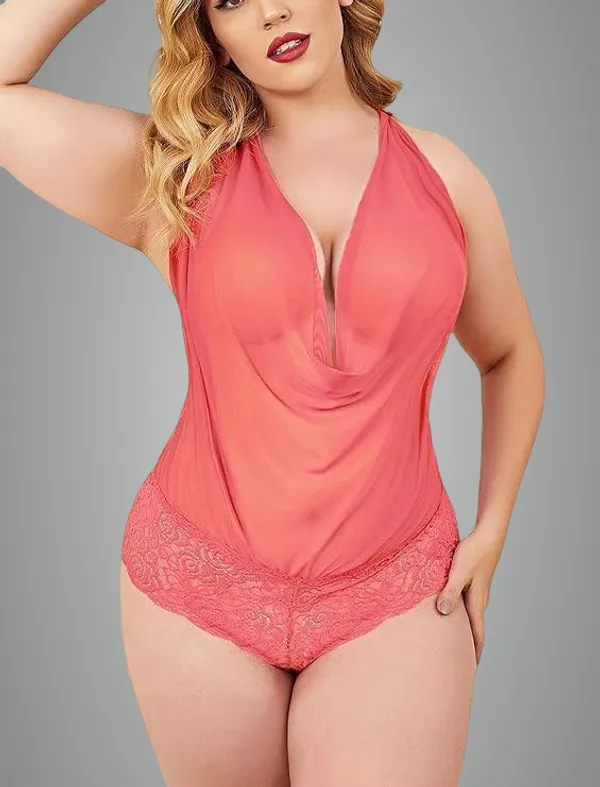 Coral_Pink_Lace_Trim_Halter_Bodysuit_Lingerie