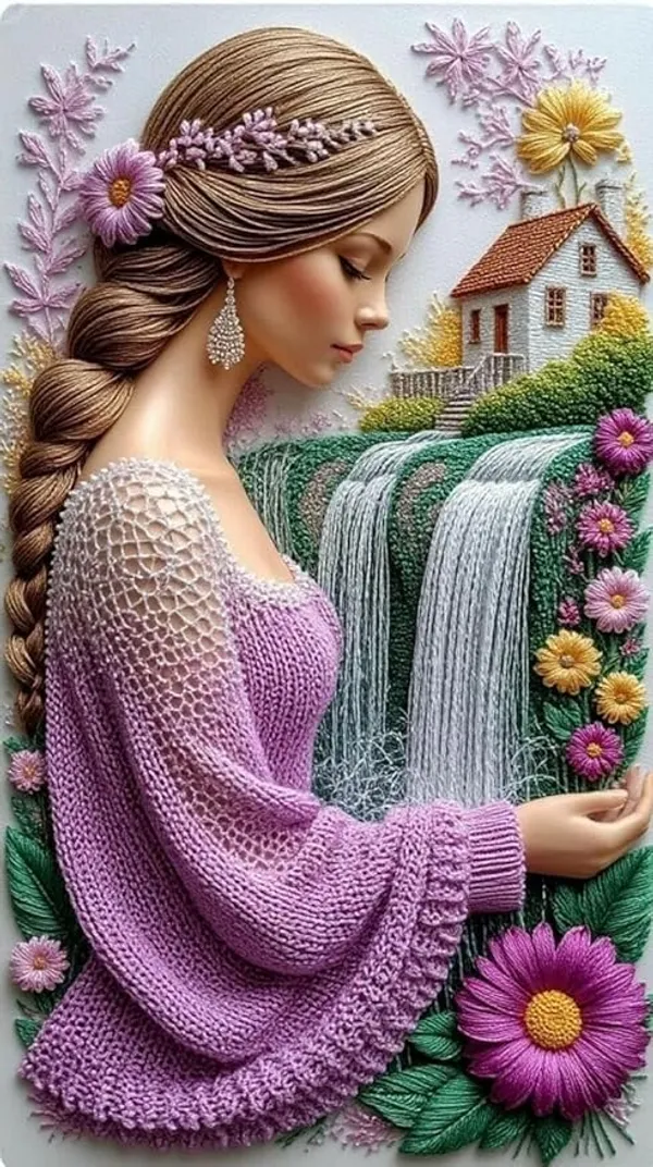 Decorative_Throw_7D_Digital_Bedsheet_With_Embroidery-Style_Woman,_Waterfall_And_Floral_Print,_Machine_Washable