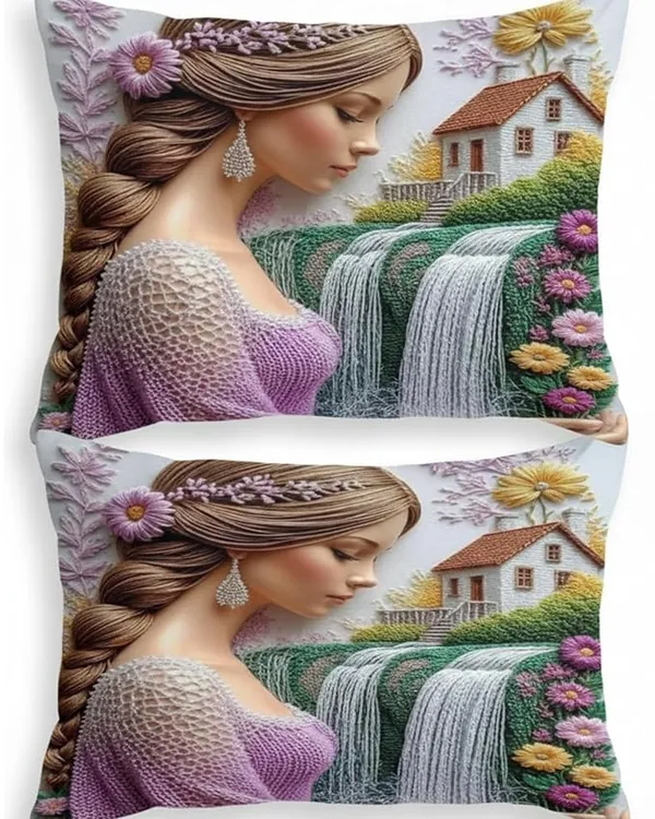 Decorative_Throw_7D_Digital_Bedsheet_With_Embroidery-Style_Woman,_Waterfall_And_Floral_Print,_Machine_Washable