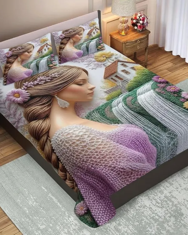 Decorative_Throw_7D_Digital_Bedsheet_With_Embroidery-Style_Woman,_Waterfall_And_Floral_Print,_Machine_Washable