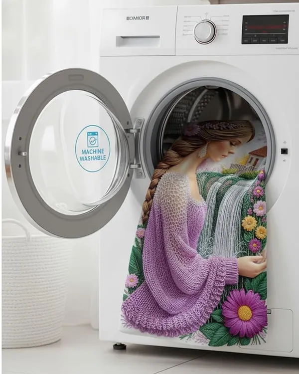 Decorative_Throw_7D_Digital_Bedsheet_With_Embroidery-Style_Woman,_Waterfall_And_Floral_Print,_Machine_Washable