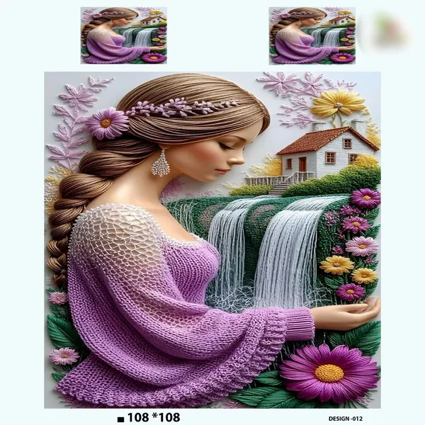 Decorative_Throw_7D_Digital_Bedsheet_With_Embroidery-Style_Woman,_Waterfall_And_Floral_Print,_Machine_Washable