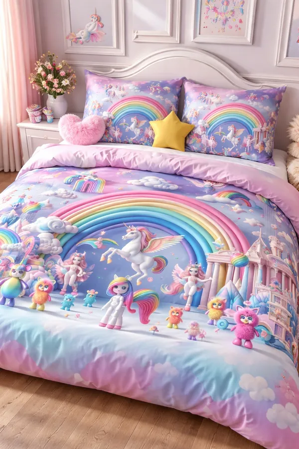 Girls_Unicorn_Rainbow_Bedding_Set,_Pastel_Multicolour,_Fairy_Tale_Fantasy_Theme,_With_Pillow_Covers