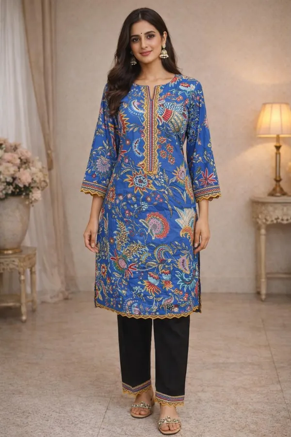Blue_cotton_Kurti_With_Pants_Set_For_Women