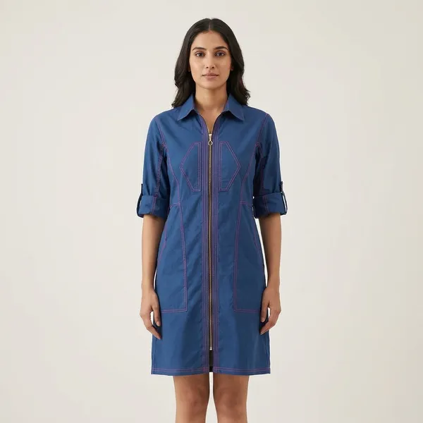 Denim_cotton_Zip-Front_Dress_For_Women