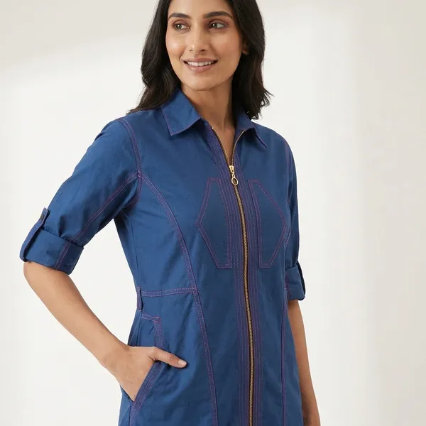 Denim_cotton_Zip-Front_Dress_For_Women