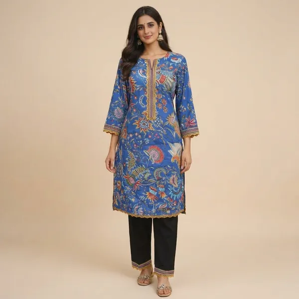 Blue_cotton_Kurti_With_Pants_Set_For_Women