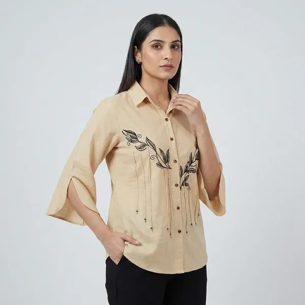 Yellow_cotton_Embroidered_Shirt_For_Women