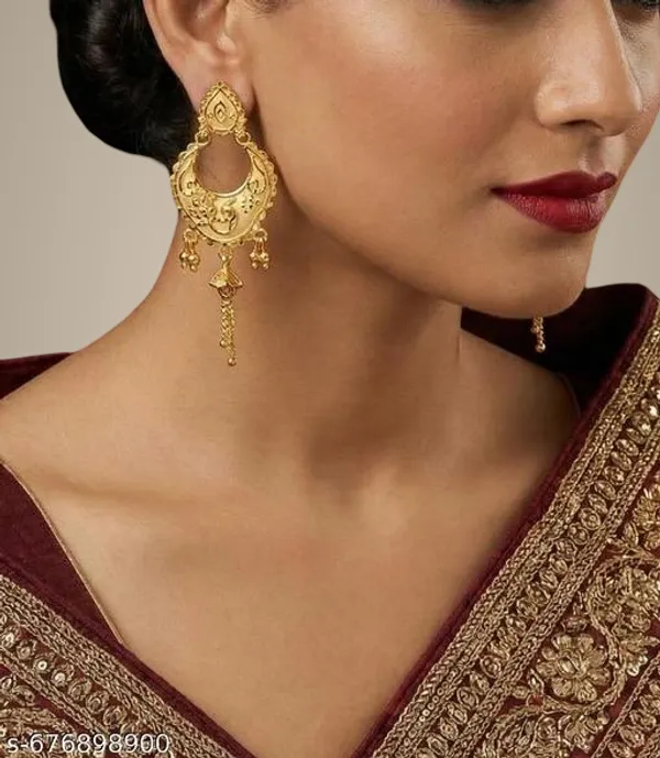 Heavy_Look_Gold_Forming_Kalkati_Chandbali_With_Embossed_Dal_Chhol_Hand_Work_Traditional_Festival_Wear_Golden_Earrings_With_Chain_Hanging