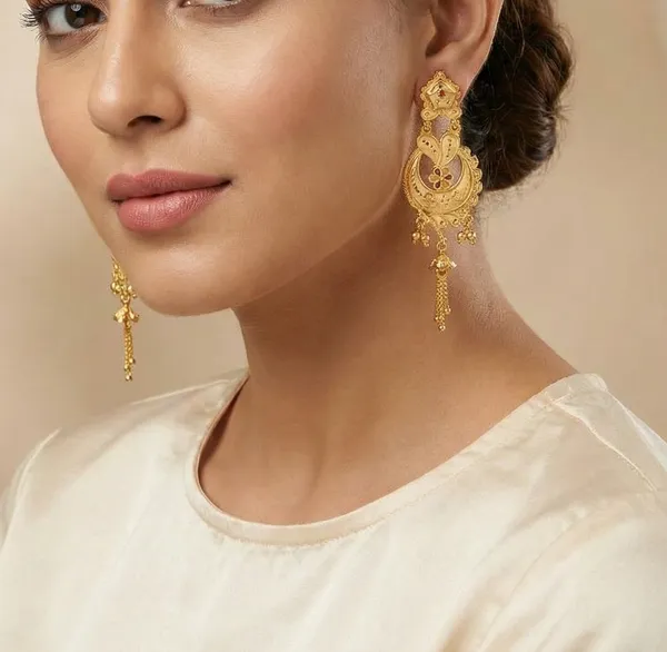 Heavy_Look_Gold_Forming_Kalkati_Chandbali_With_Embossed_Dal_Chhol_Hand_Work_Traditional_Festival_Wear_Golden_Earrings_With_Chain_Hanging