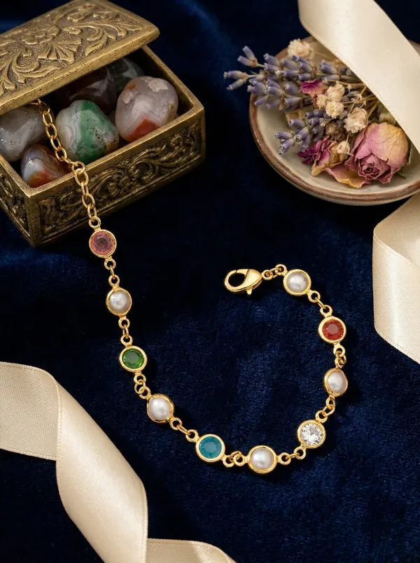 Elegant_Multi-Gemstone_Gold-Tone_Chain_Bracelet_with_Pearl_and_Colored_Stones