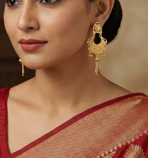 Heavy_Look_Gold_Forming_Kalkati_Chandbali_With_Embossed_Dal_Chhol_Hand_Work_Traditional_Festival_Wear_Golden_Earrings_With_Chain_Hanging