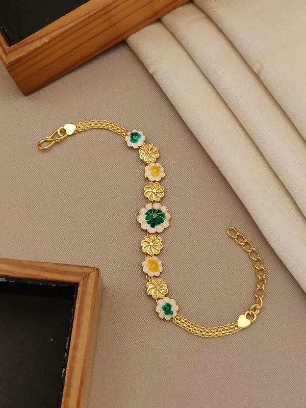 Gold-Toned_Floral_Bracelet_with_Green_and_Yellow_Enamel_Charms