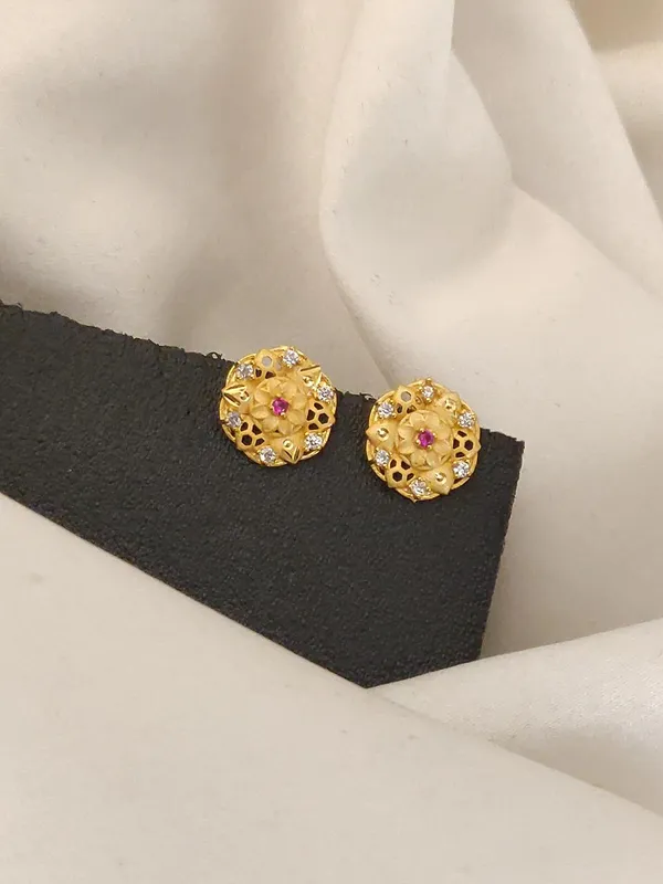 Golden_Floral_Stud_Earrings_with_Pink_Stone_Accent