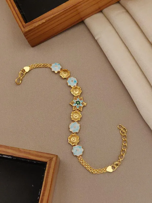 Gold-Tone_Floral_Charm_Bracelet_with_Blue_Enamel_Accents