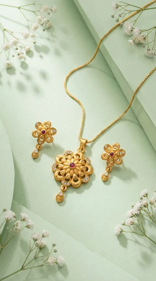 Elegant_Gold_Plated_Floral_Round_Pendant_Set_For_Women_Cz_Ruby_Stone_Studded_Designer_Chain_With_Matching_Drop_Earrings_Wedding_Festive_Wear_Jewellery